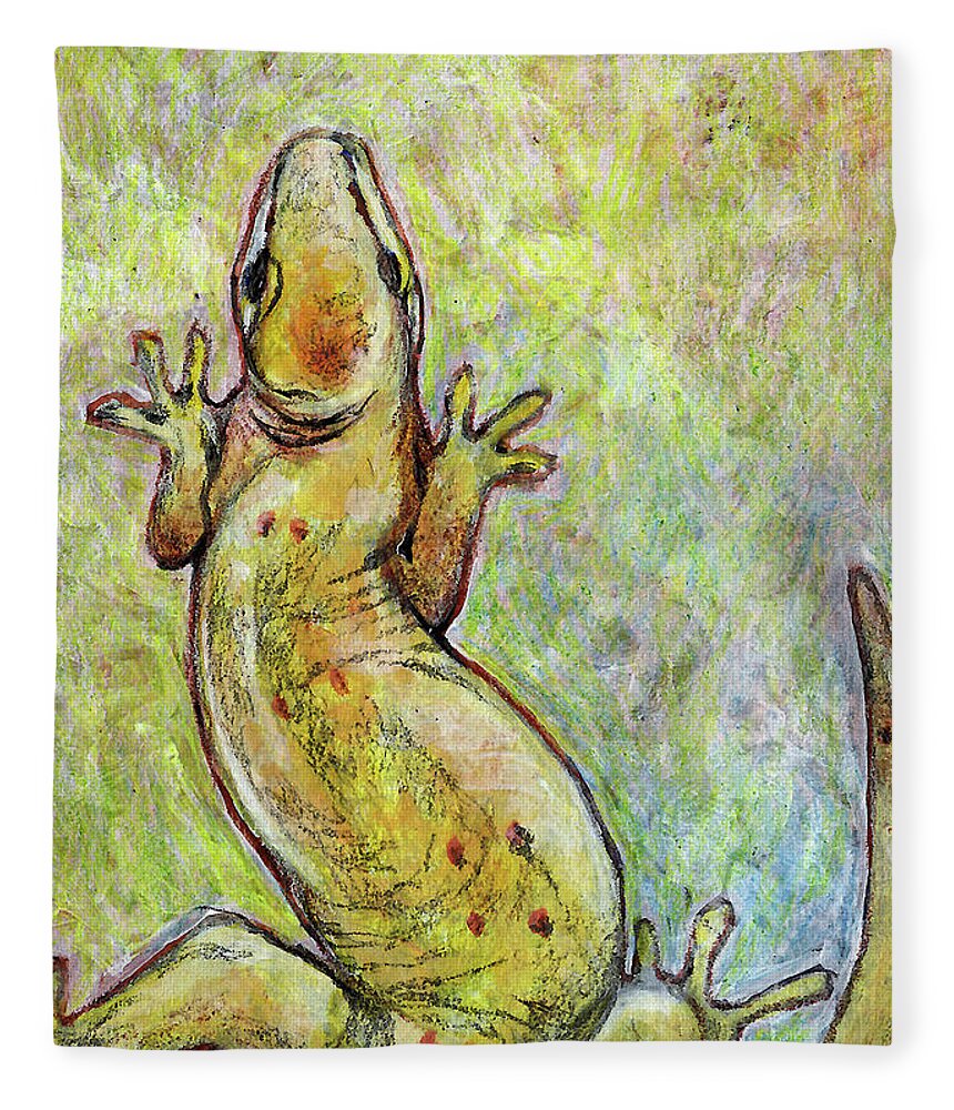 Gecko Fleece Blanket featuring the mixed media It's a Gecko by AnneMarie Welsh