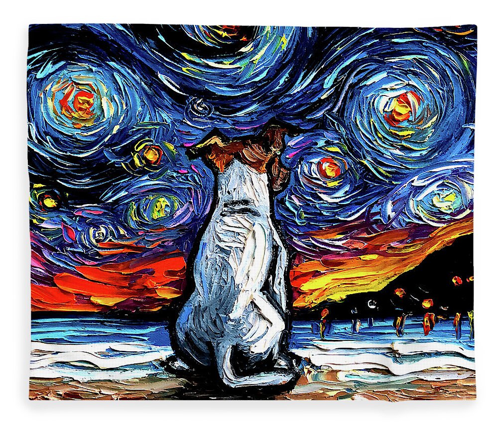 Jack Russel Terrier Fleece Blanket featuring the painting Jack Russel Terrier Night 2 by Aja Trier