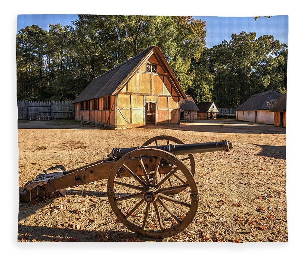 Jamestown Fleece Blanket featuring the photograph James Fort Cannon and Church - Oil Painting Style by Rachel Morrison