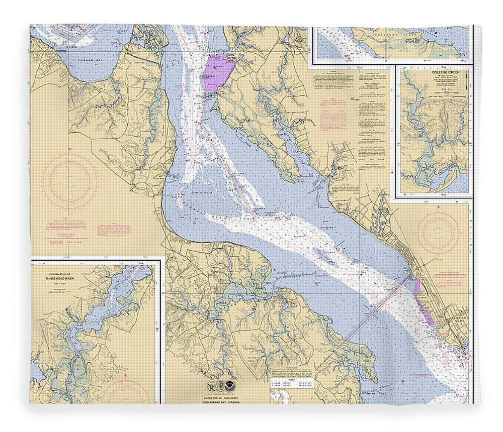 James River Newport News To Jamestown Island Fleece Blanket featuring the digital art James River Newport News to Jamestown Island, NOAA Chart 12248 by Nautical Chartworks