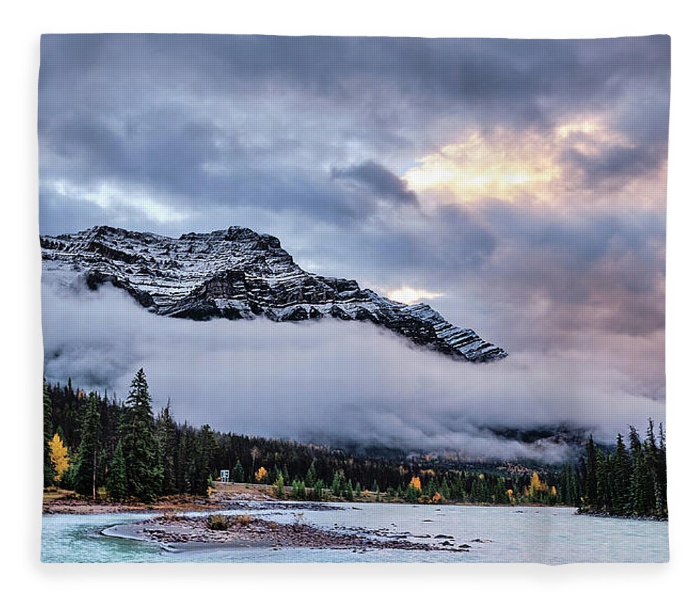 Cloud Fleece Blanket featuring the photograph Jasper Mountain In The Clouds by Carl Marceau