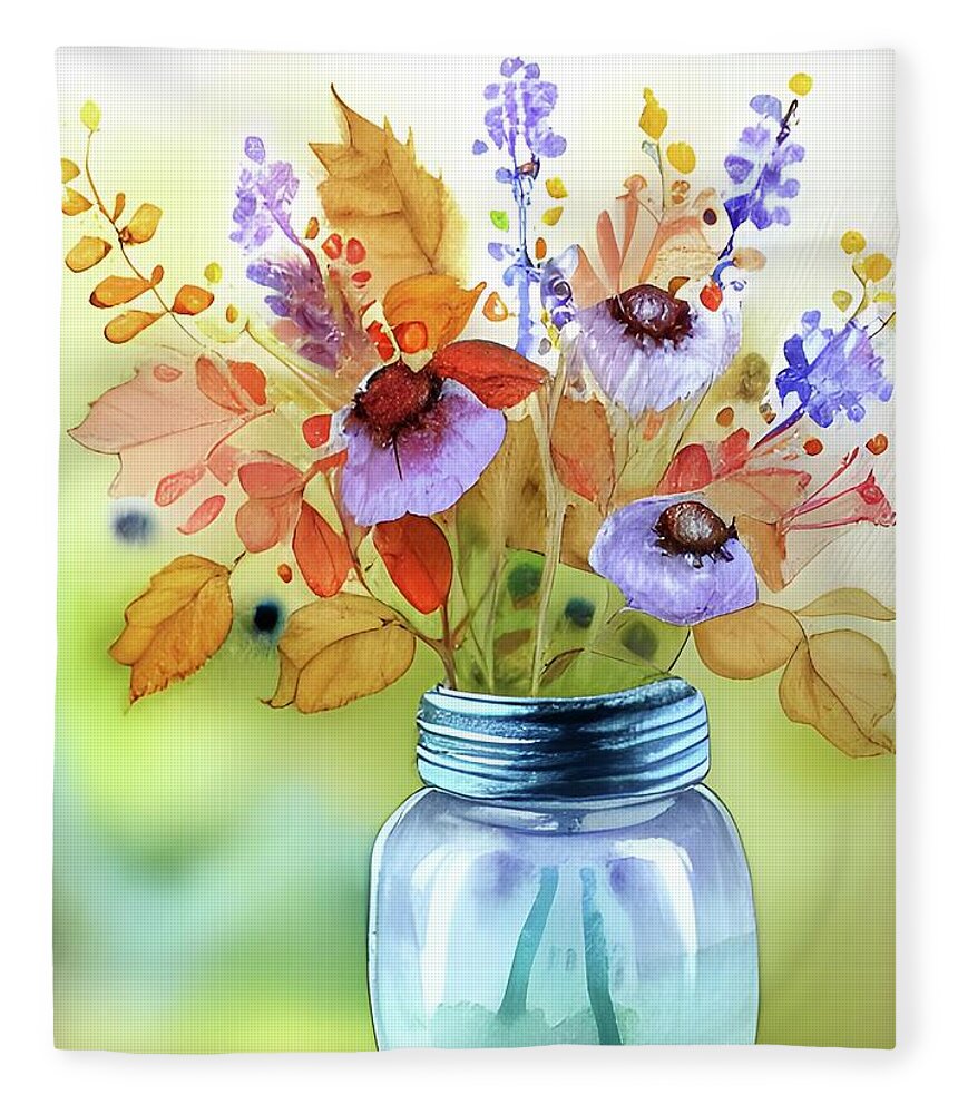 Wildflowers Fleece Blanket featuring the digital art Jelly Jar Bouquet by Bonnie Bruno