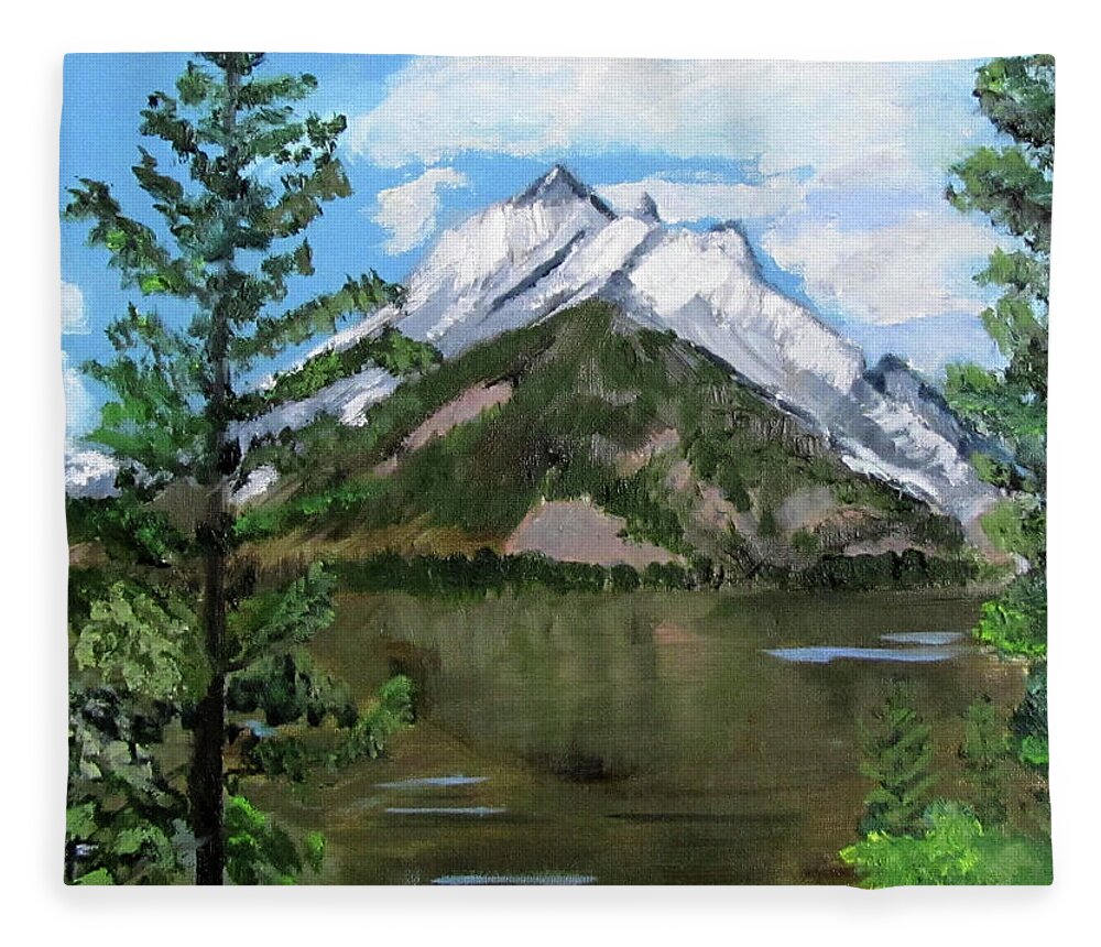 Tetons Fleece Blanket featuring the painting Jenny Lake in the Tetons by Linda Feinberg