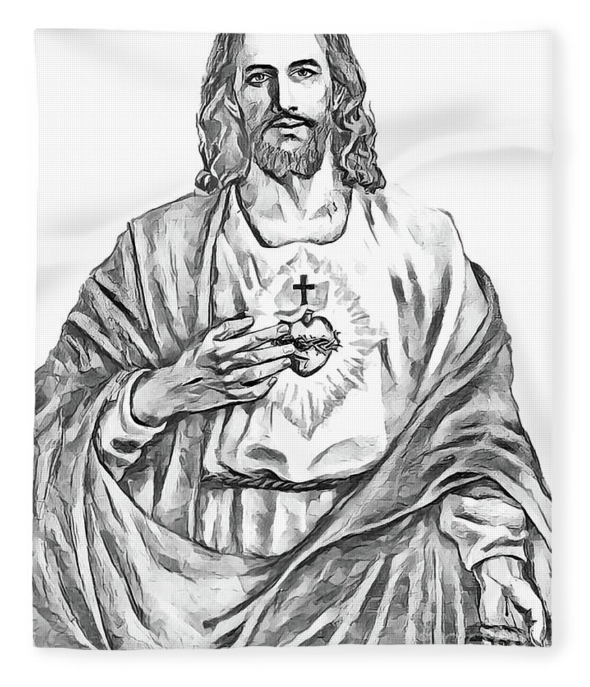 Jesus Christ Sacred Heart in Black and White Fleece Blanket by Munir ...