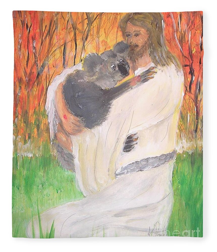 Jesus Christ Fleece Blanket featuring the painting Jesus Holding a Koala Bear by Karen Jane Jones