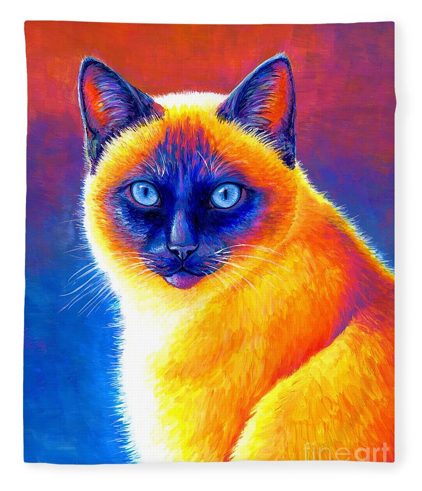Siamese Cat Fleece Blanket featuring the painting Jewel of the Orient - Colorful Siamese Cat by Rebecca Wang