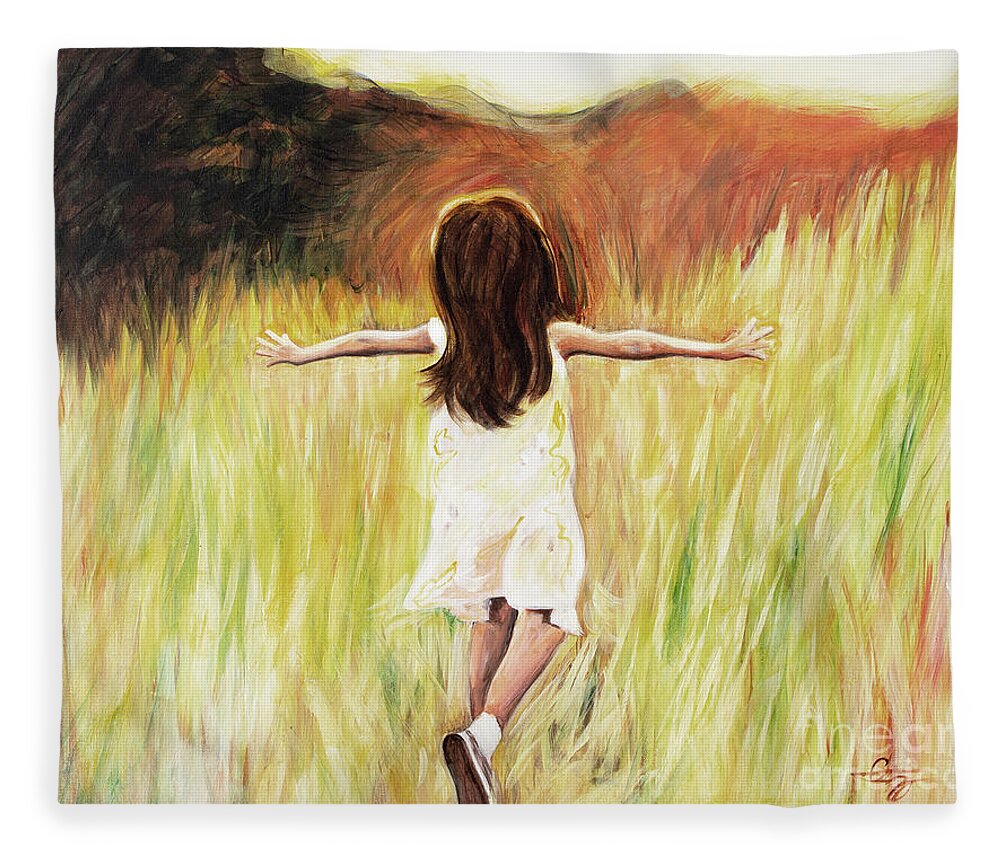 Joy Girl Running Field Sunshine Happy Joyful Peaceful Daughter Free Fleece Blanket featuring the painting Joy by Pamela Schwartz