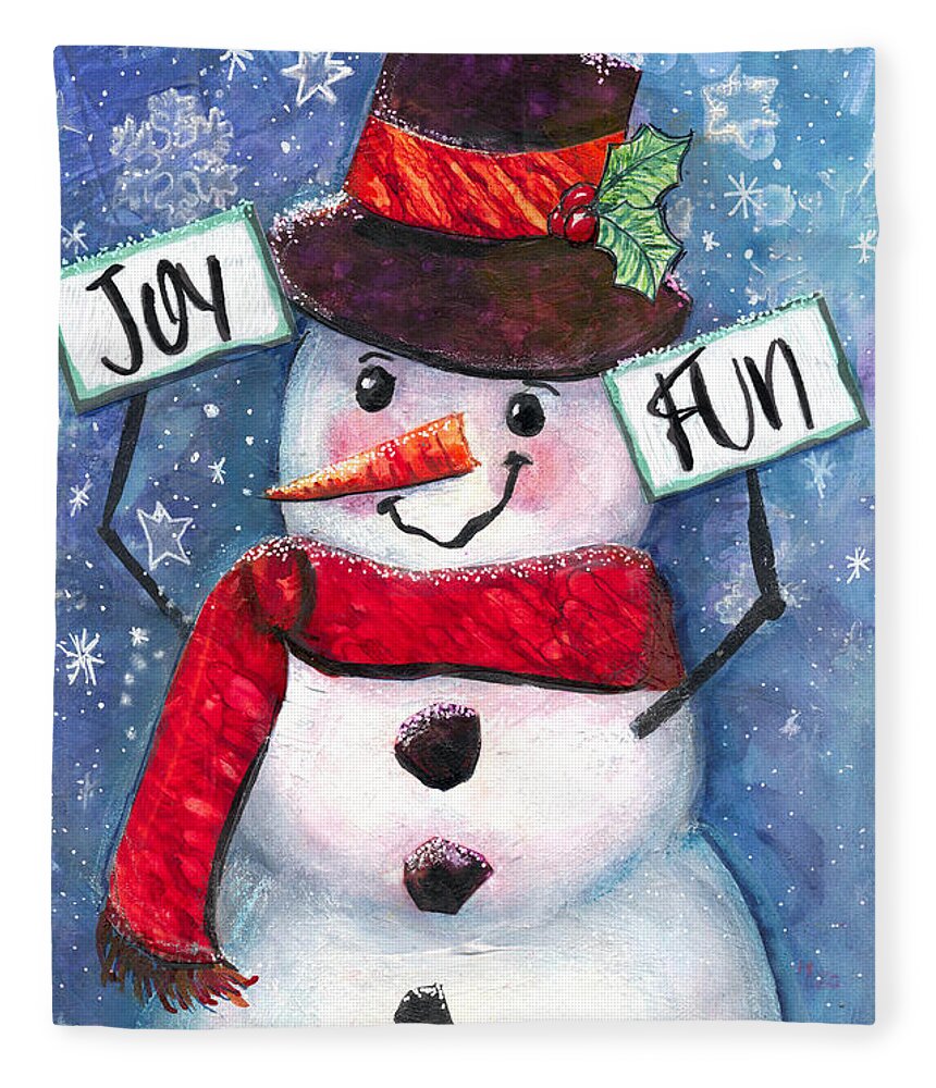 Snowman Fleece Blanket featuring the mixed media Joyful and Fun Snowman by Francine Dufour Jones