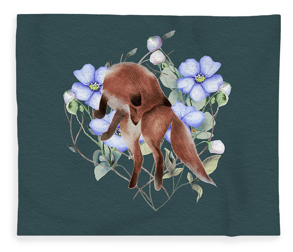 Fox Fleece Blanket featuring the painting Jumping Fox With Flowers by Garden Of Delights