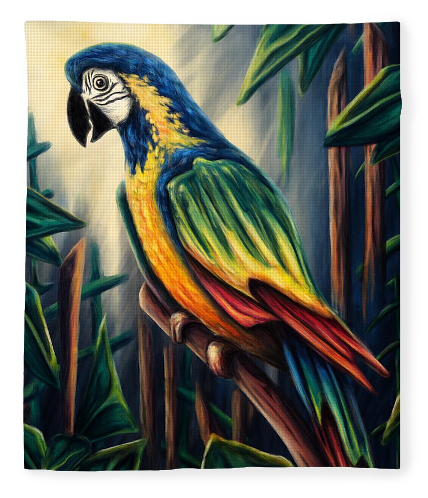 Bird Fleece Blanket featuring the painting Jungle parrot painting, colorful macaw by Nadia CHEVREL