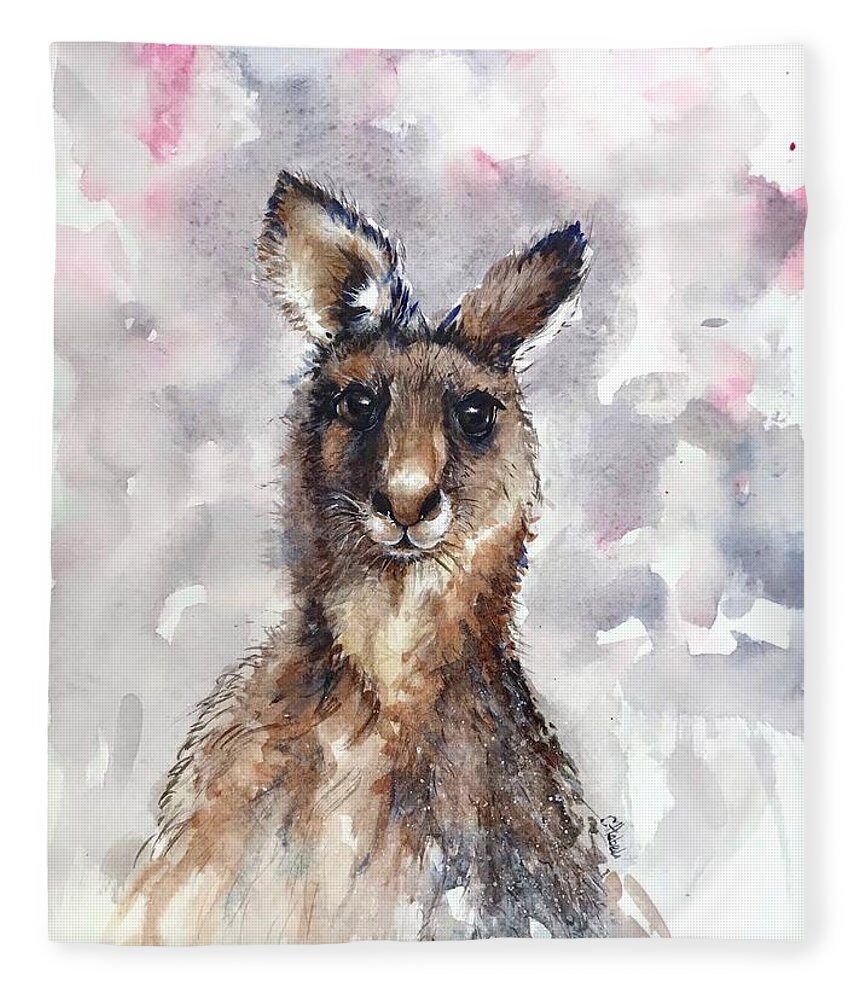 Kangaroo Fleece Blanket featuring the painting Kangaroo by Chris Hobel