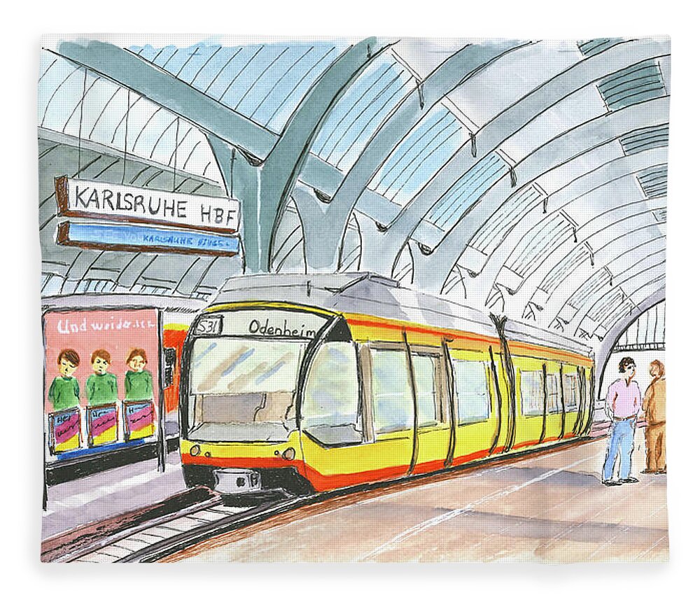 Travel Fleece Blanket featuring the painting Karlsruhe Hauptbahnhof by Tracy Hutchinson