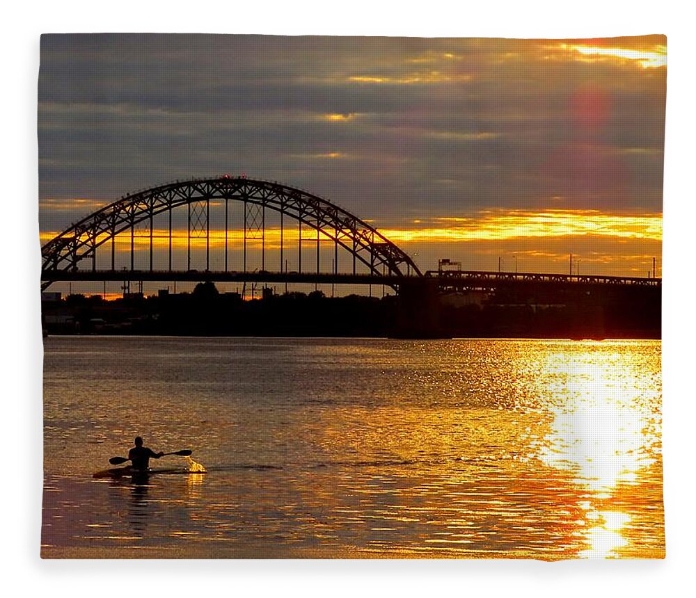 Kayak Fleece Blanket featuring the photograph Kayaking on the Delaware River at Sunset by Linda Stern