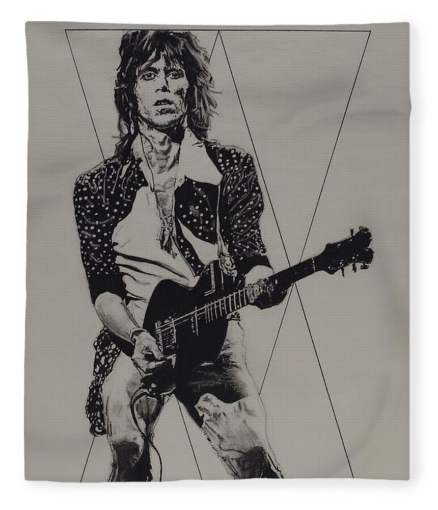 Charcoal Pencil Drawing Fleece Blanket featuring the drawing Keith Richards - Happy by Sean Connolly