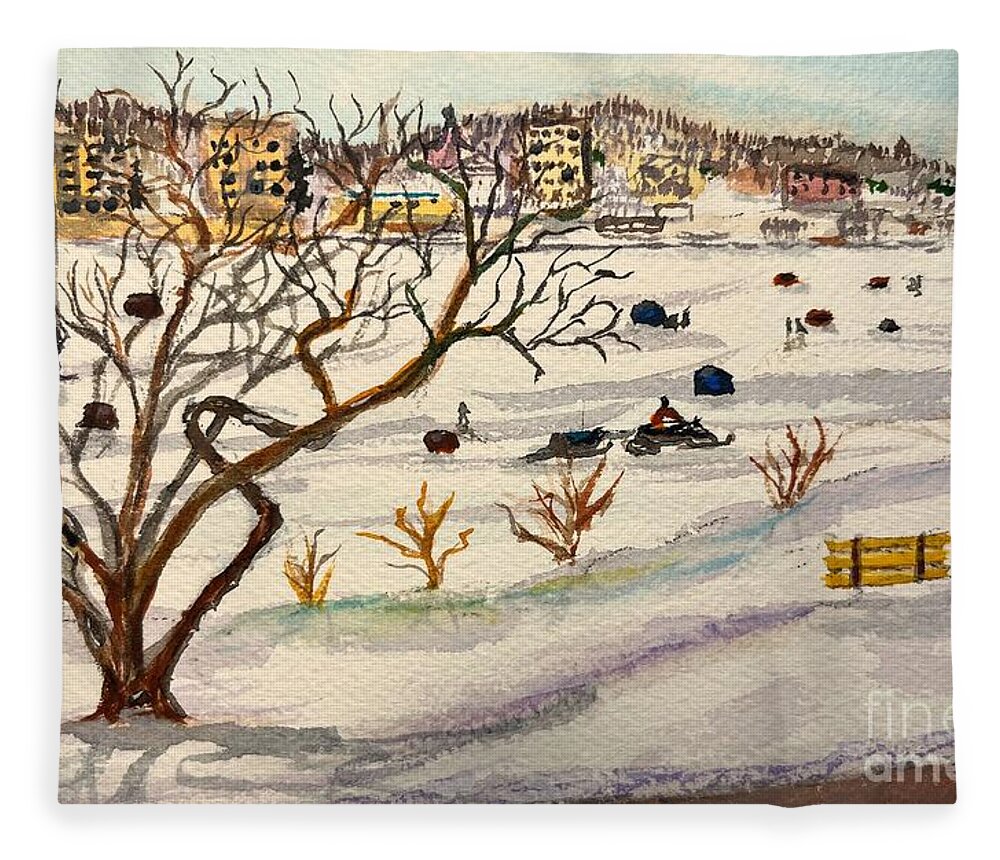 Barrie Fleece Blanket featuring the painting Kempenfelt Bay in Winter by Monika Shepherdson