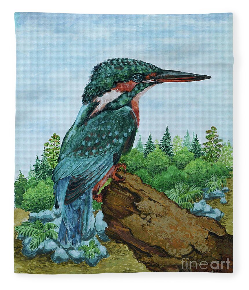  Fleece Blanket featuring the painting Kingfisher by Jyotika Shroff
