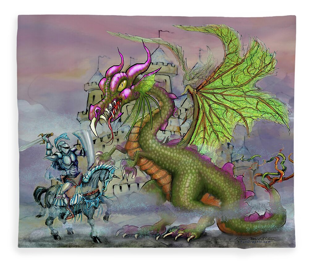 Knight Fleece Blanket featuring the digital art Knight n Dragon n Castle by Kevin Middleton