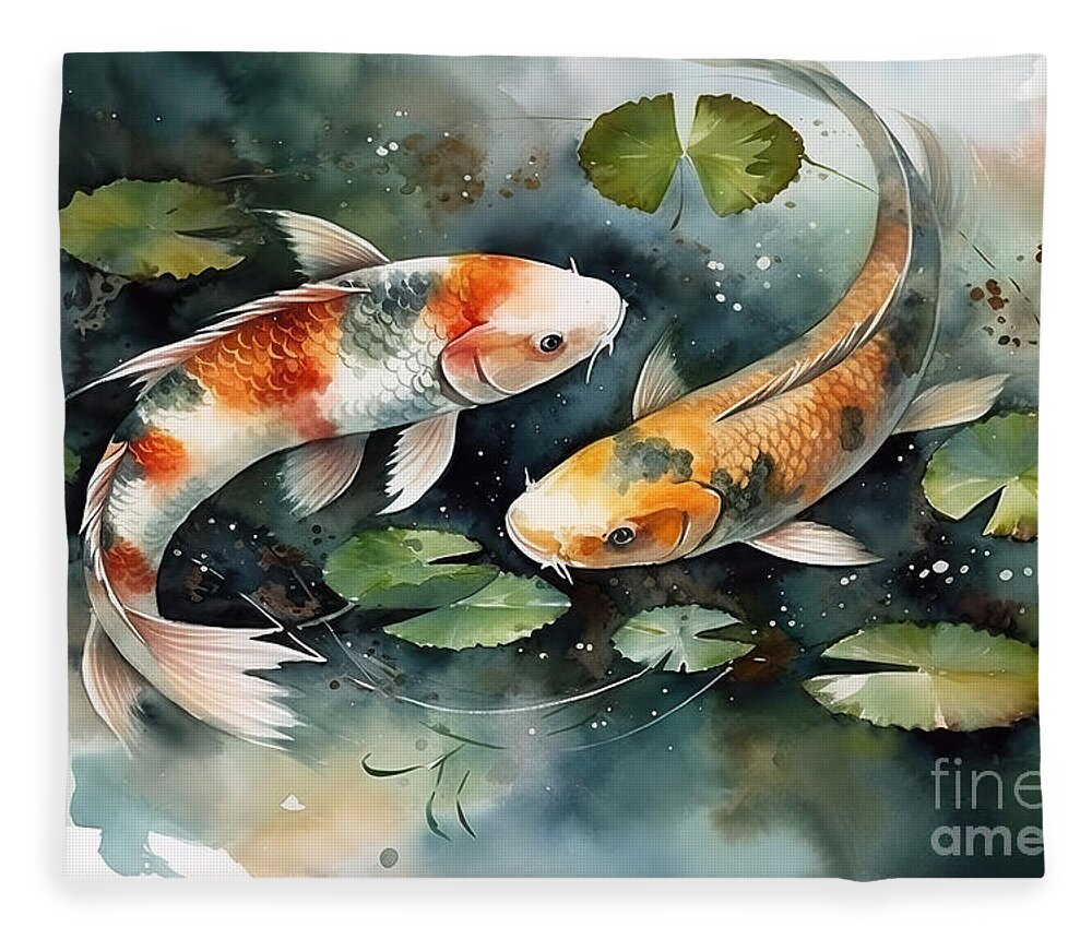 Koi Fleece Blanket featuring the painting Koi Fish Underwater, Nature Pond, Watercolor Illustration, by N Akkash