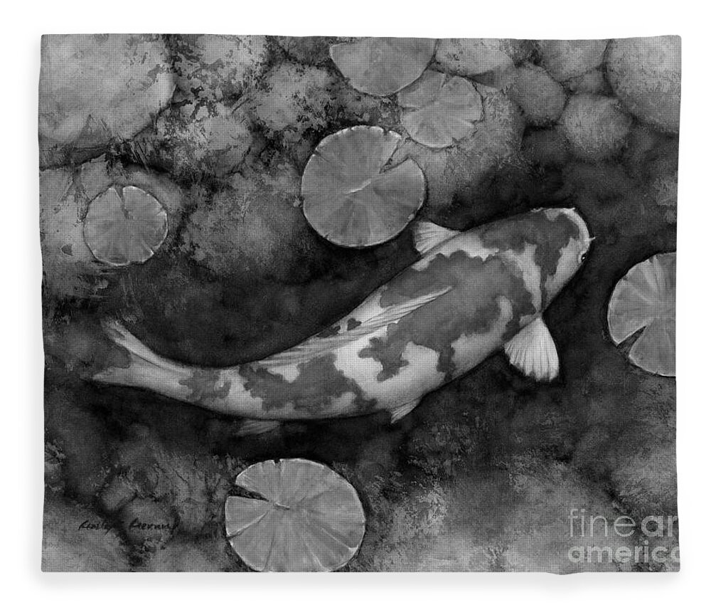 Koi Fleece Blanket featuring the painting Koi Pond in Black and White by Hailey E Herrera