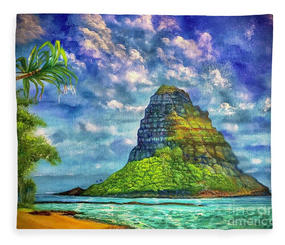 Oil Painting Kualoa Chinamans Hat Hawaii Fleece Blanket featuring the painting Kualoa Chinamans Hat Hawaii by Leland Castro