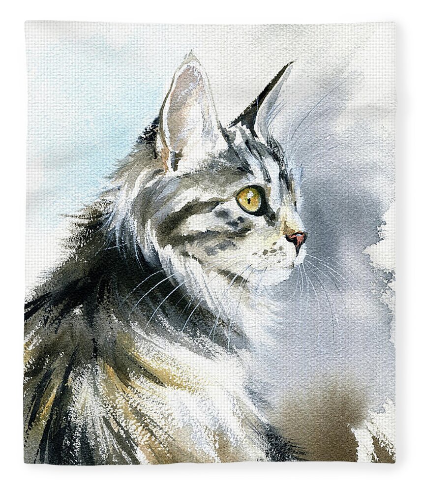 Cats Fleece Blanket featuring the painting Kurilian Bobtail Cat Painting by Dora Hathazi Mendes