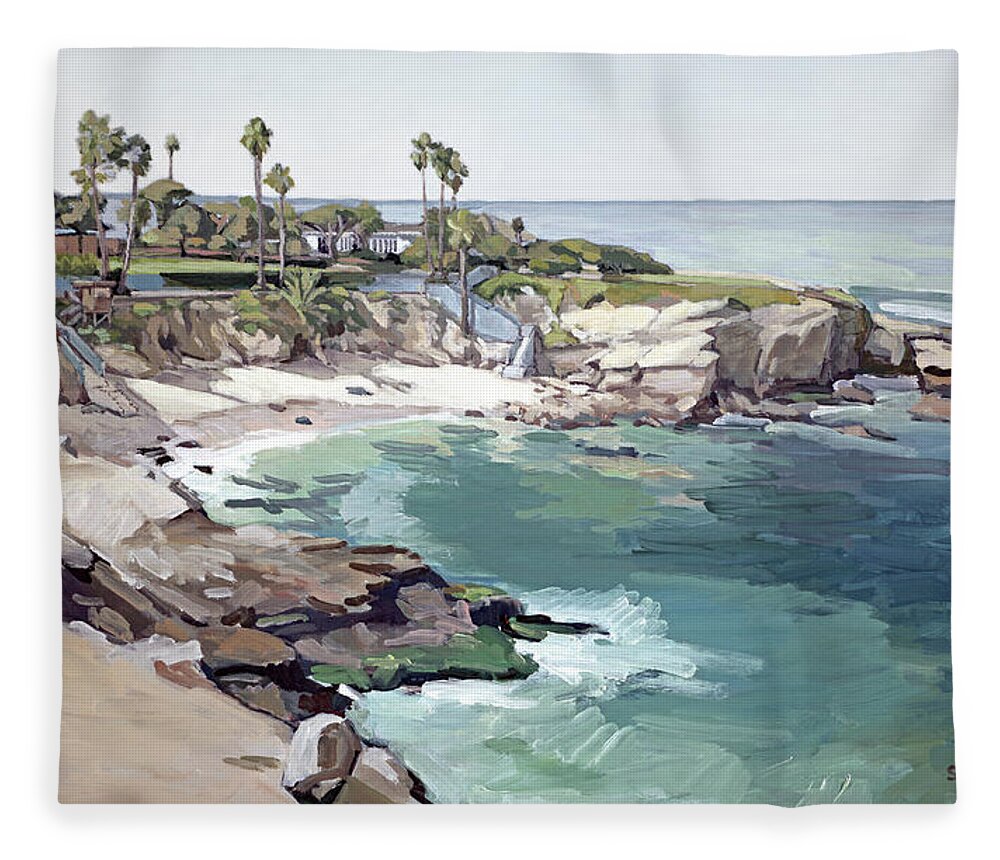 La Jolla Cove Fleece Blanket featuring the painting La Jolla Cove - San Diego California by Paul Strahm