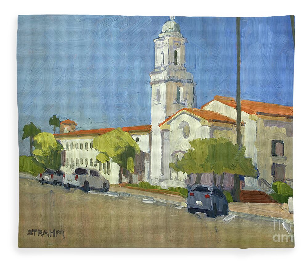 La Jolla Presbyterian Fleece Blanket featuring the painting La Jolla Presbyterian Church - La Jolla, San Diego, California by Paul Strahm