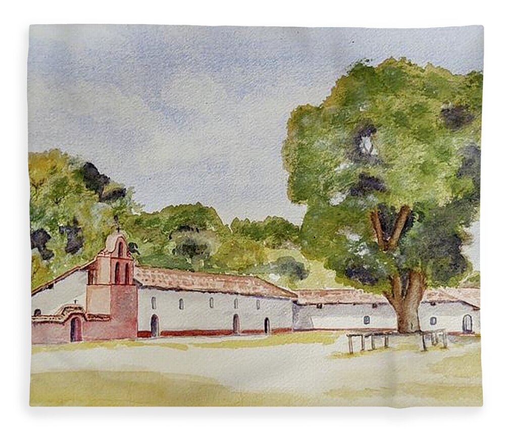 California Fleece Blanket featuring the painting La Purisima Mission, Lompoc, California by Claudette Carlton
