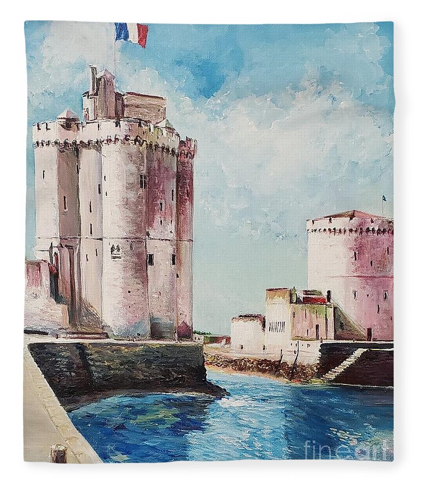 Landscape Fleece Blanket featuring the painting La Rochelle Towers by Merana Cadorette