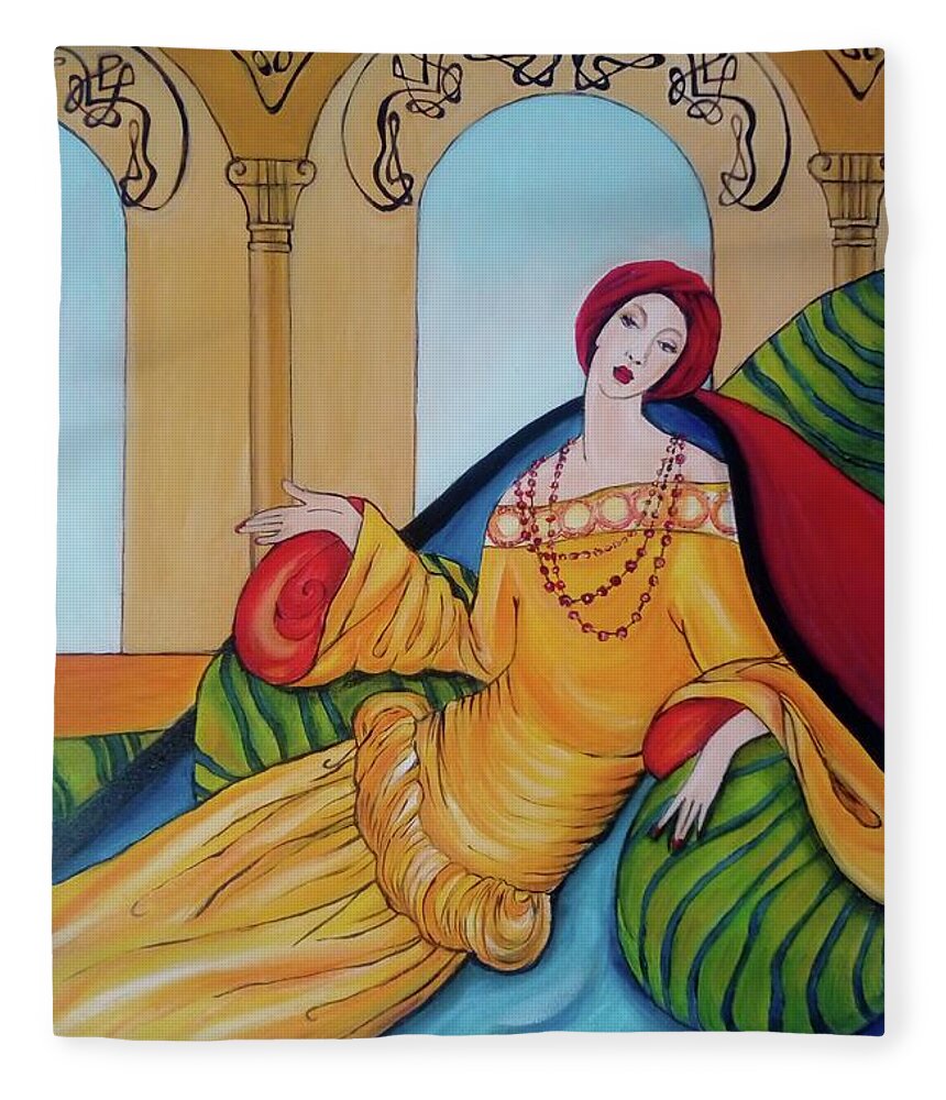 Lady Fleece Blanket featuring the painting Lady in Pillows by Leonida Arte