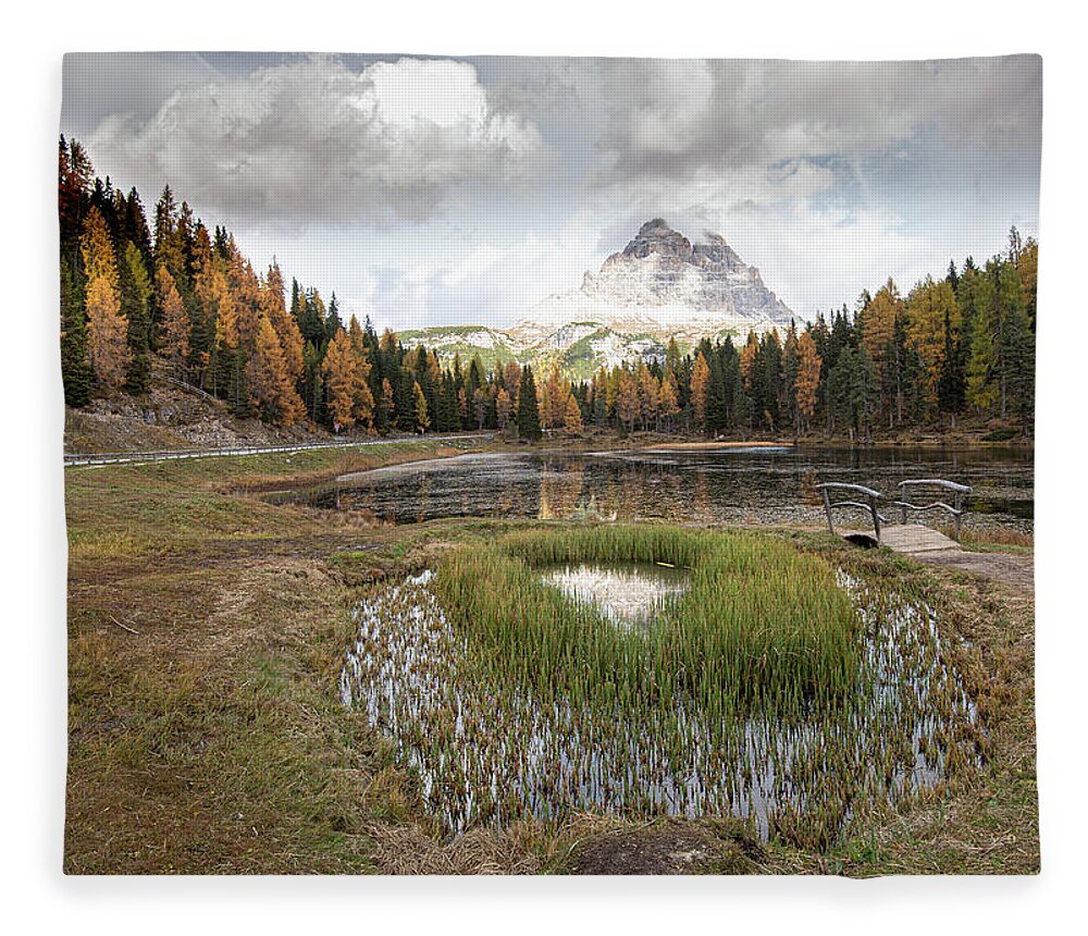 Lago Di Antorno Fleece Blanket featuring the photograph Lago di antorno lake and Tre cime di lavadero mountain reflection in autumn. Forest landscape South tyrol Italy by Michalakis Ppalis