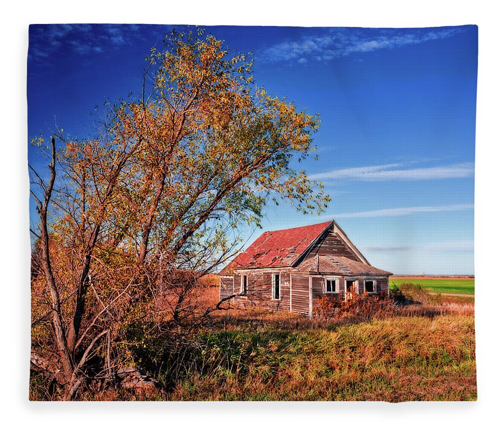 Lake Ibsen Fleece Blanket featuring the photograph Lake Ibsen Schoolhouse number 1 - Benson County ND by Peter Herman