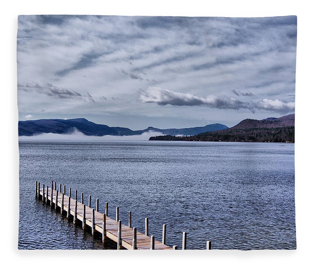 Lake Fleece Blanket featuring the photograph Lake View Clouds and Dock by Russel Considine