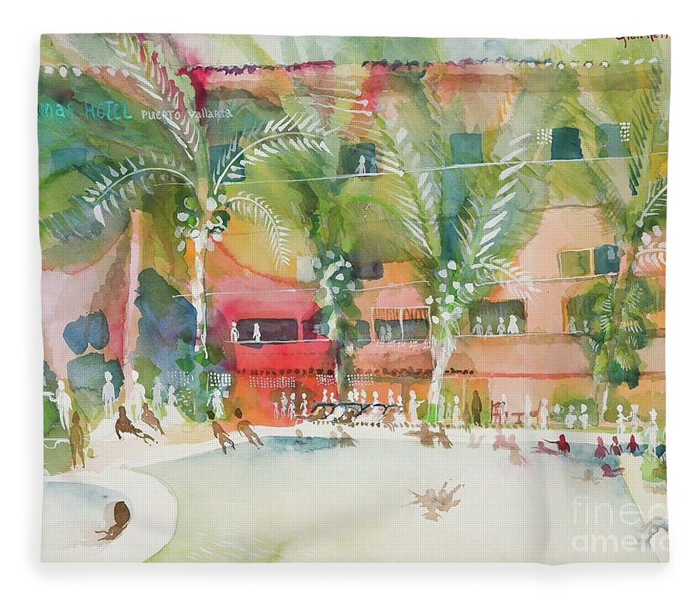 #laspalmas #palmas #hotel #pool #puertovallarta #mexico #glenneff Fleece Blanket featuring the painting Las Palmas Hotel Pool by Glen Neff