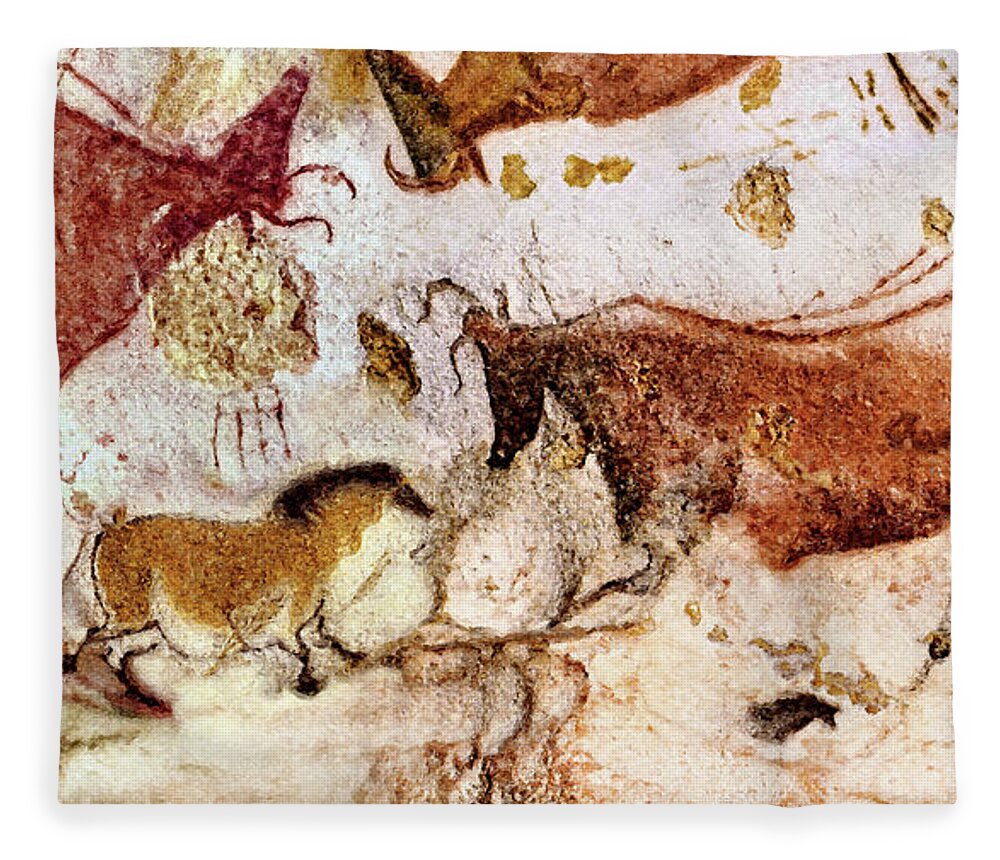 Lascaux Fleece Blanket featuring the digital art Lascaux Cow and Horses by Weston Westmoreland
