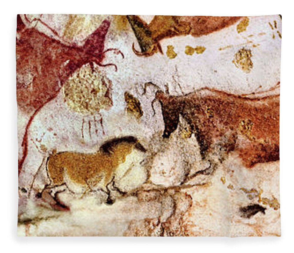 Lascaux Fleece Blanket featuring the digital art Lascaux Cows Horses and Deer by Weston Westmoreland