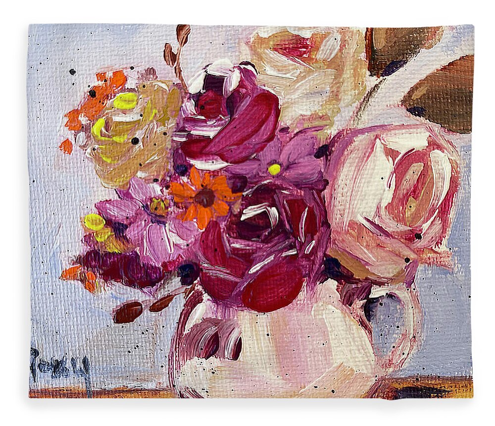 Roses Fleece Blanket featuring the painting Late Roses in a Pitcher by Roxy Rich