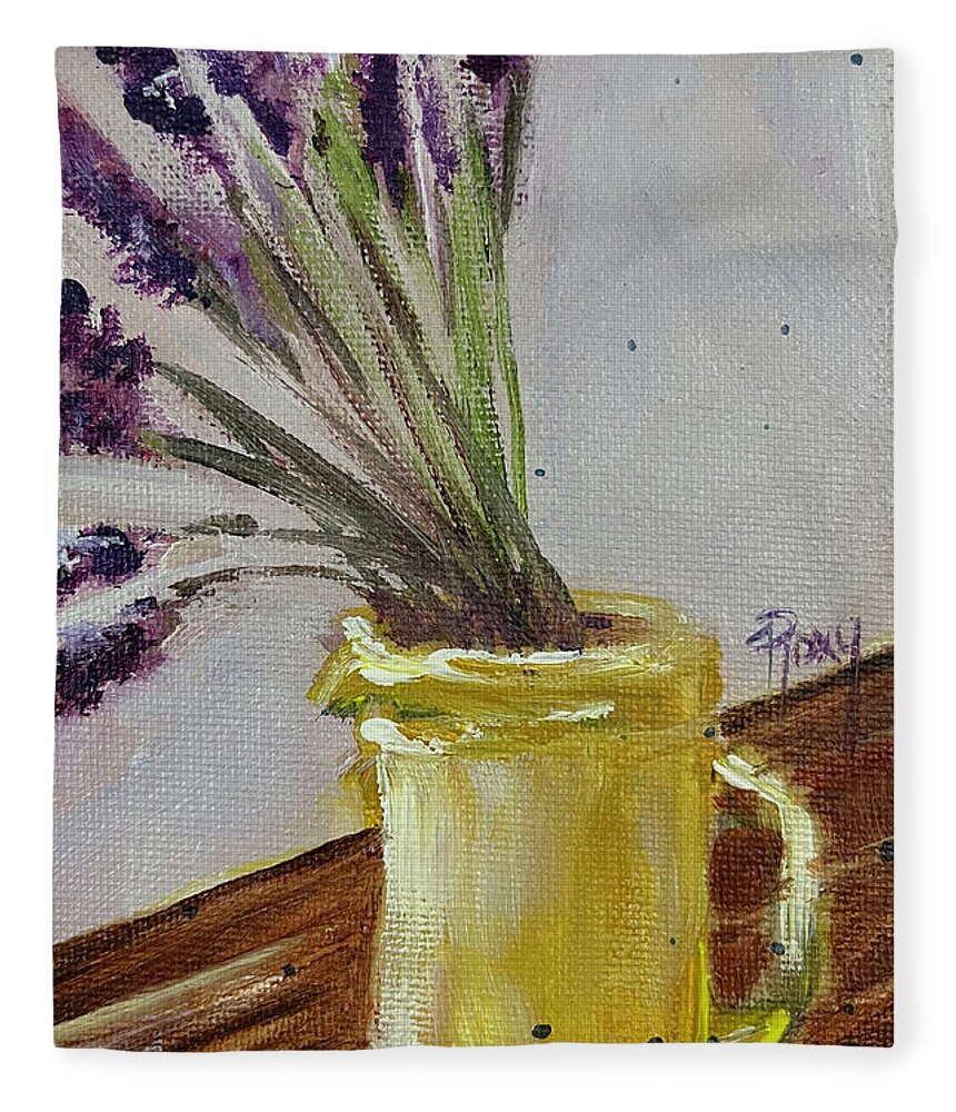 Lavender Fleece Blanket featuring the painting Lavender in a Yellow Pitcher by Roxy Rich