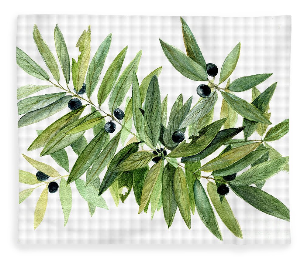 Botanical Fleece Blanket featuring the painting Leaves and Berries by Laurie Rohner