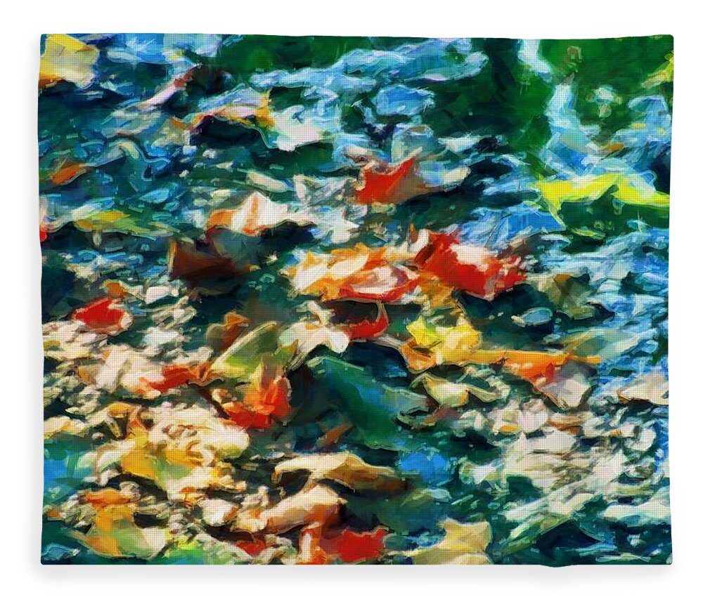 Leaves Fleece Blanket featuring the mixed media Leaves in the Stream 2021 by Christopher Reed
