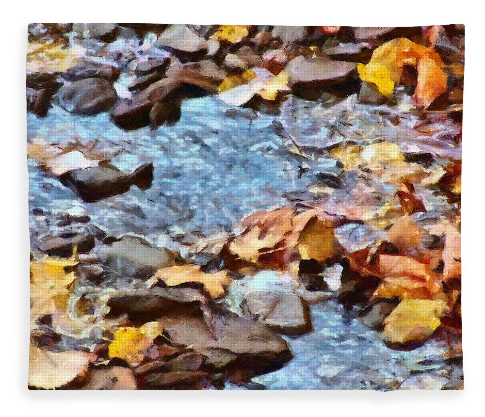 Leaves Fleece Blanket featuring the mixed media Leaves in the Stream by Christopher Reed