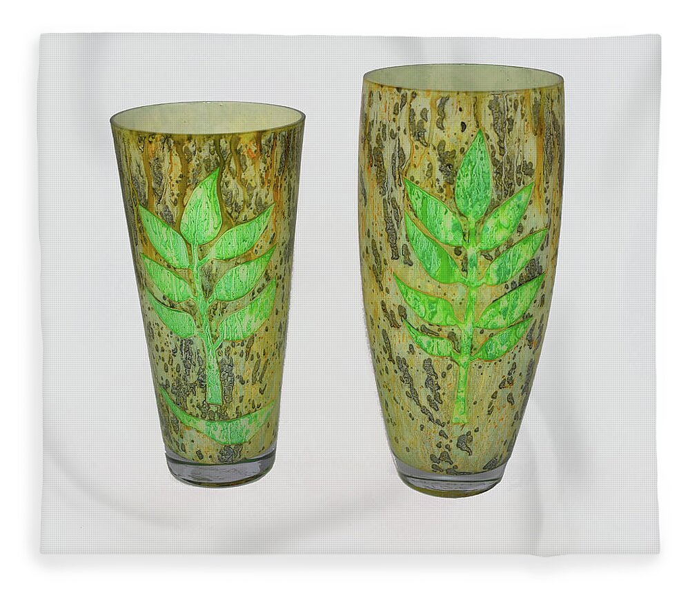 Green Fleece Blanket featuring the glass art Leaves set of two by Christopher Schranck