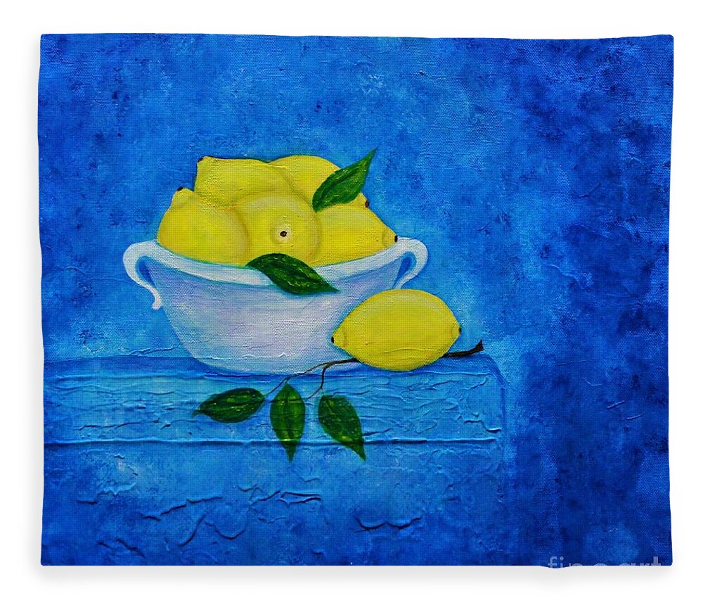 Lemon Still Life Fleece Blanket featuring the painting Lemons by Irene Czys