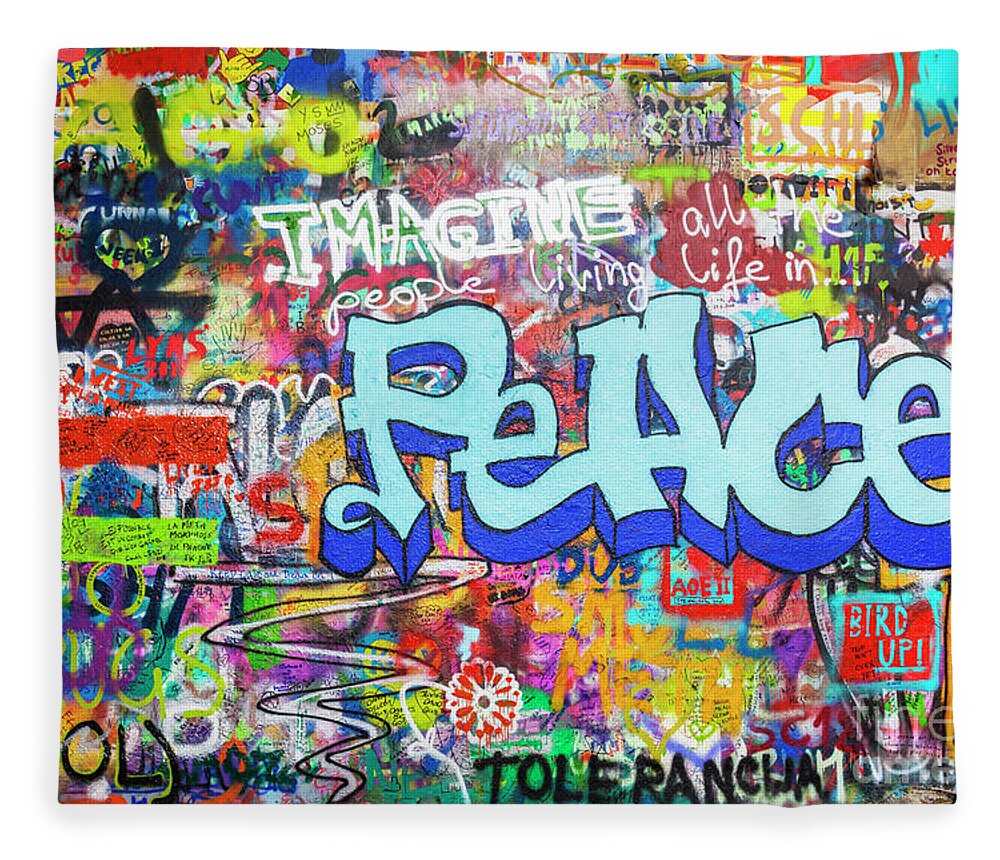 John Lennon Peace Wall Fleece Blanket featuring the photograph Lennon wall graffiti, Prague by Neale And Judith Clark
