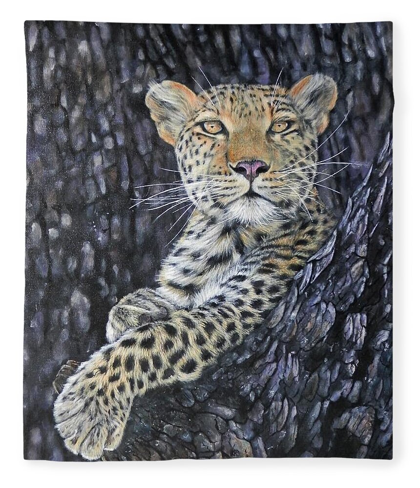 Leopard Fleece Blanket featuring the painting Leopard Lookout by John Neeve