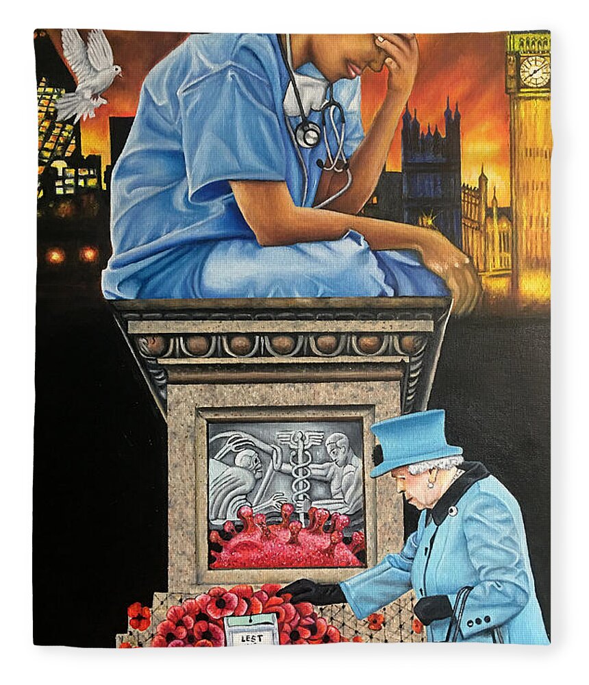 Big Ben Fleece Blanket featuring the painting Lest We Forget by O Yemi Tubi