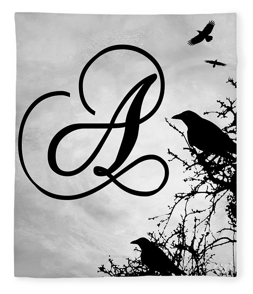 Letter A Fleece Blanket featuring the mixed media Letter A Design 43 Crow Birds by Lucie Dumas