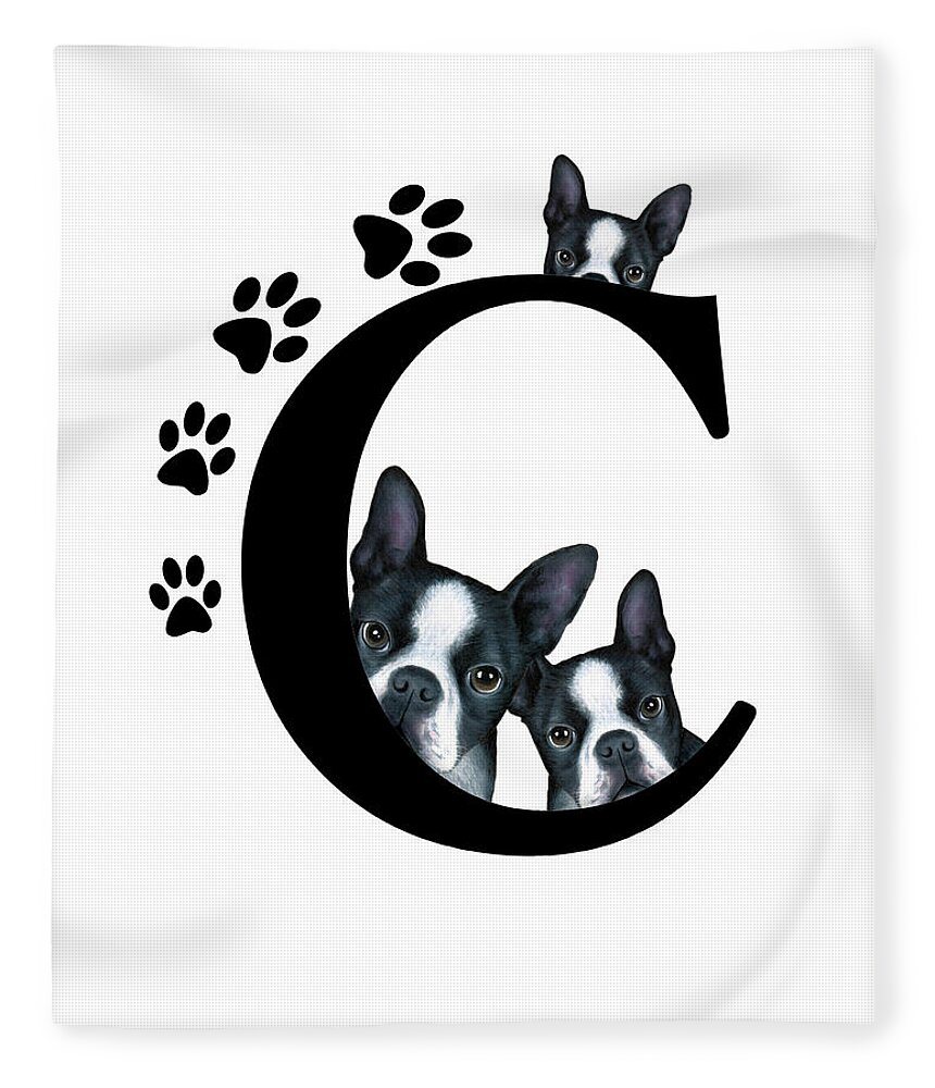 Letter C Fleece Blanket featuring the mixed media Letter C Monogram Boston Terrier Dogs by Lucie Dumas