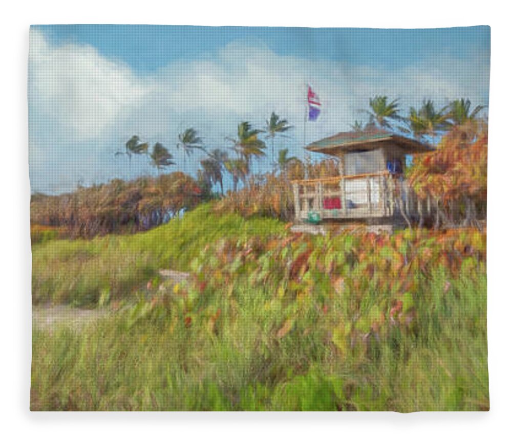 Clouds Fleece Blanket featuring the photograph Lifeguard Stand in the Dunes Panorama Watercolors Painting by Debra and Dave Vanderlaan