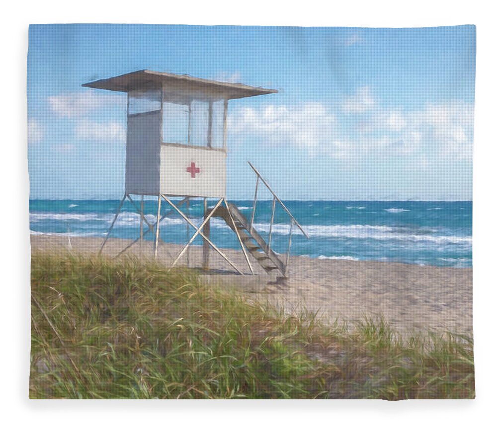 Clouds Fleece Blanket featuring the photograph Lifeguard Stand on a Beautiful Morning Watercolors Painting by Debra and Dave Vanderlaan